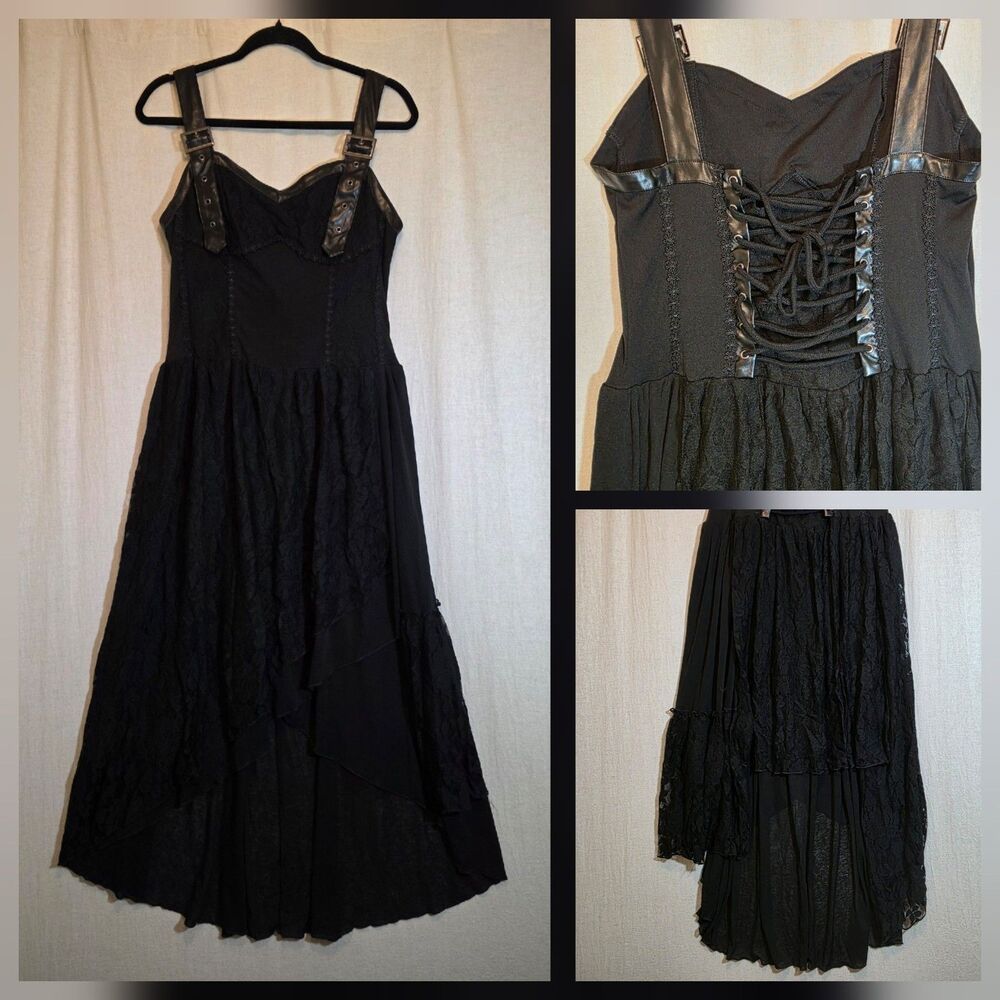 Belle Poque Black Lace Gothic Punk High-Low Corset Lacing Witchy Dress Sz Large